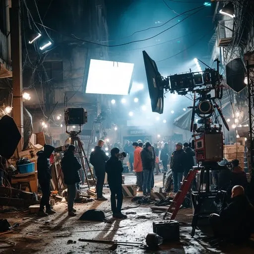 Nighttime film production set with crew, lights, and camera equipment