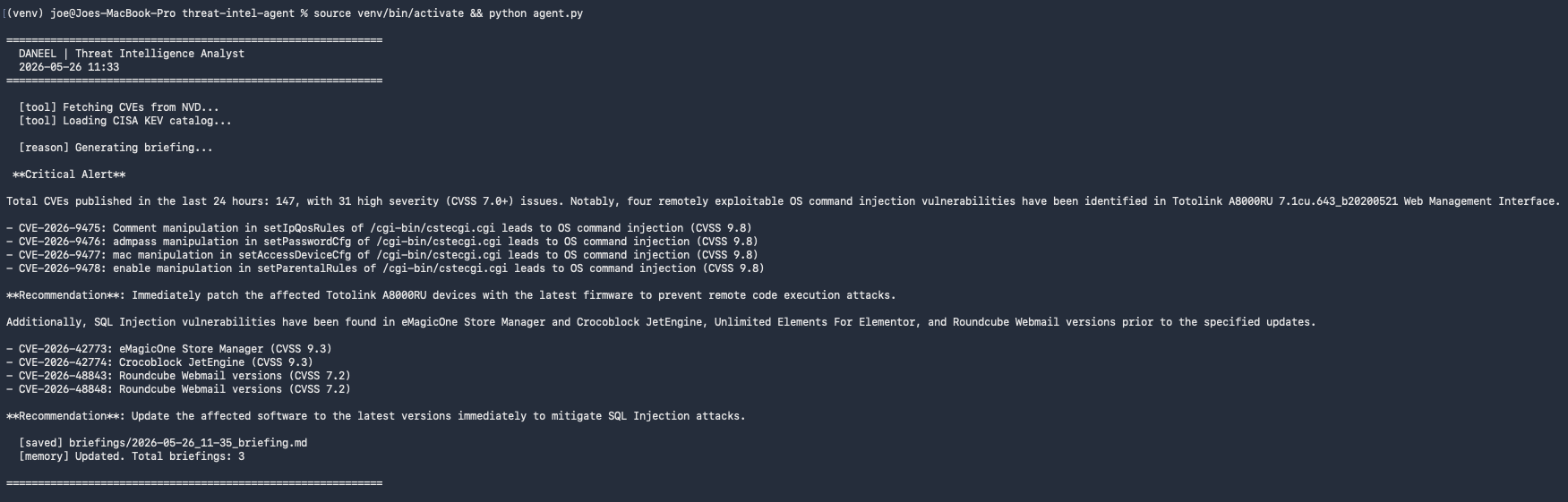 DANEEL agent with CVE tool running