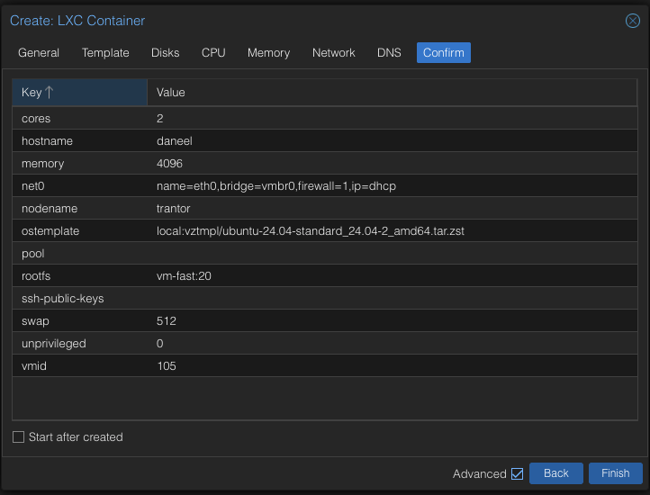 daneel LXC configuration in Proxmox