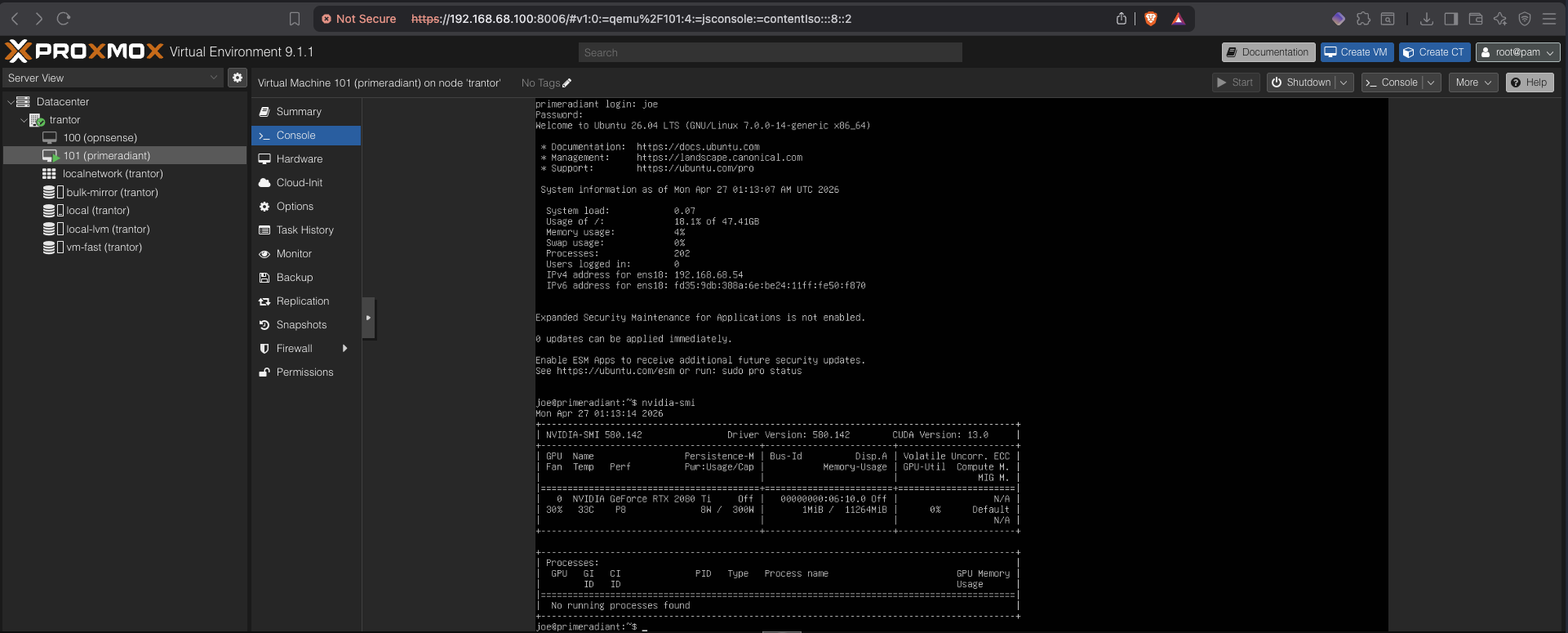 nvidia-smi showing RTX 2080 Ti detected in VM