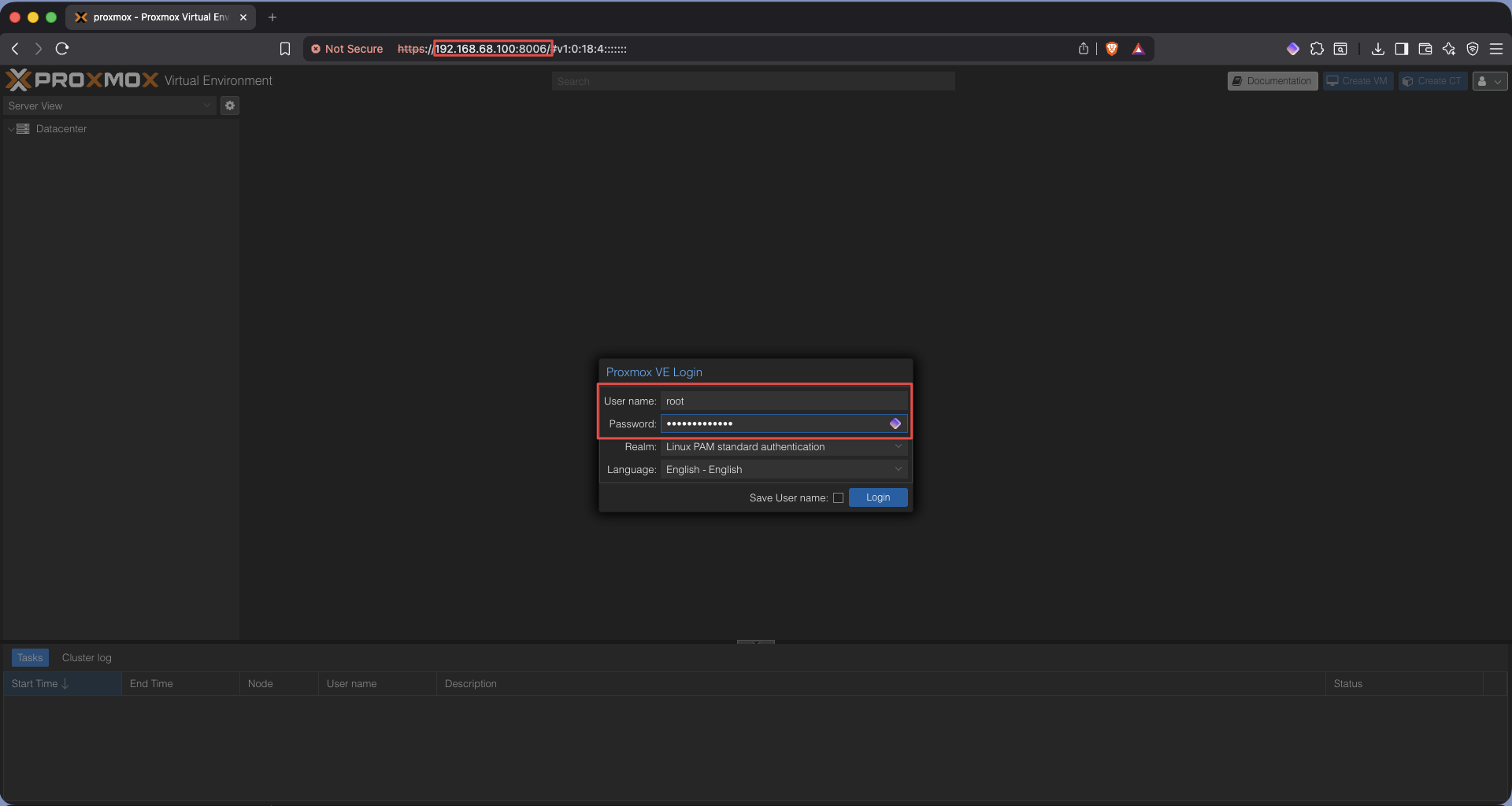Proxmox first login