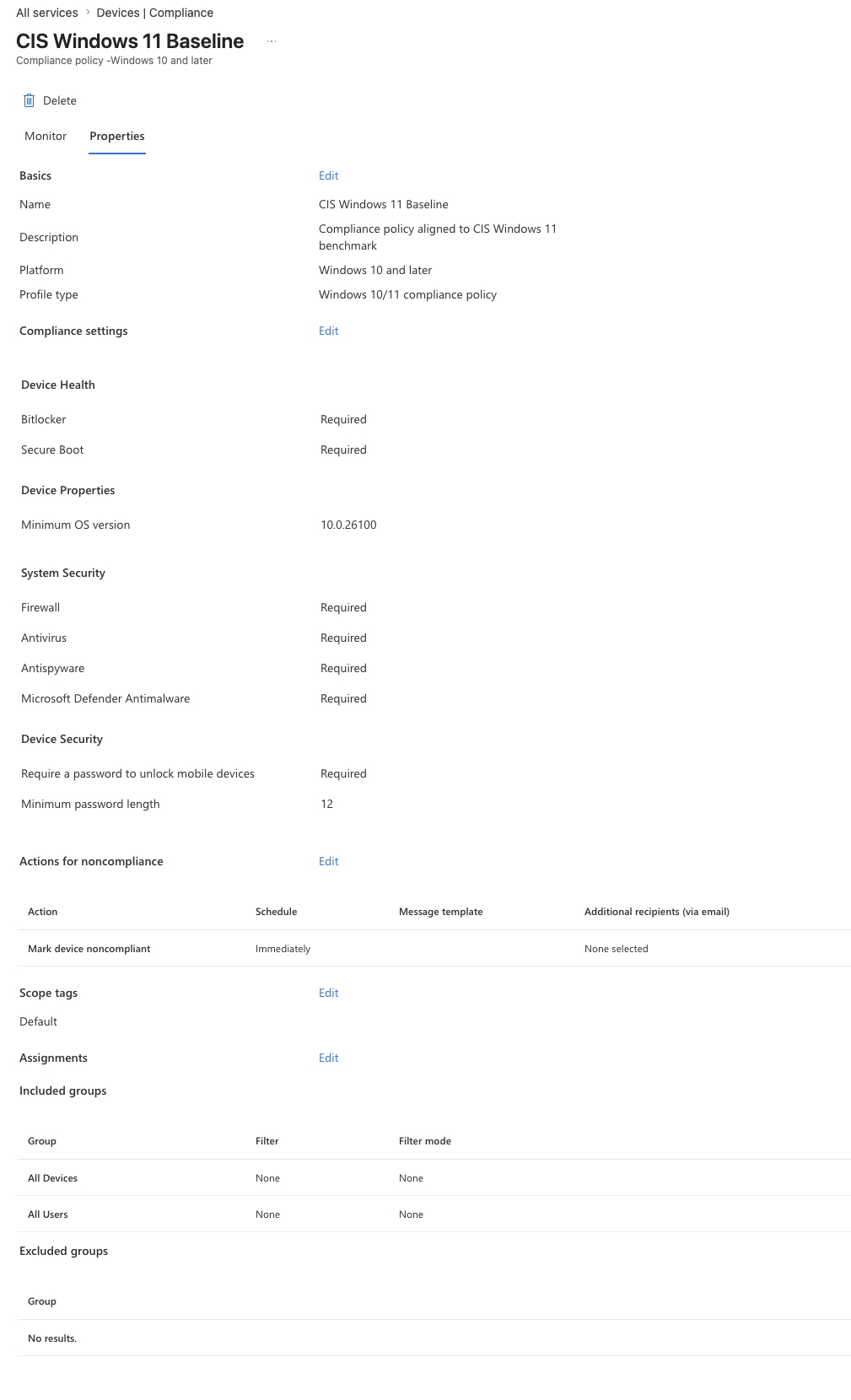 Intune compliance policy — CIS Windows 11 Baseline