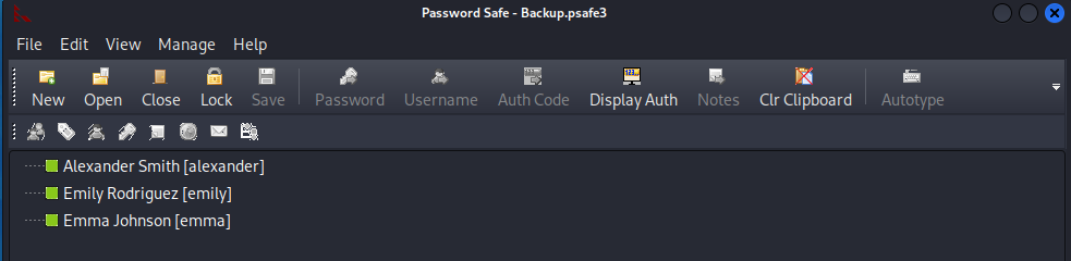 Password Safe contents showing three credential entries