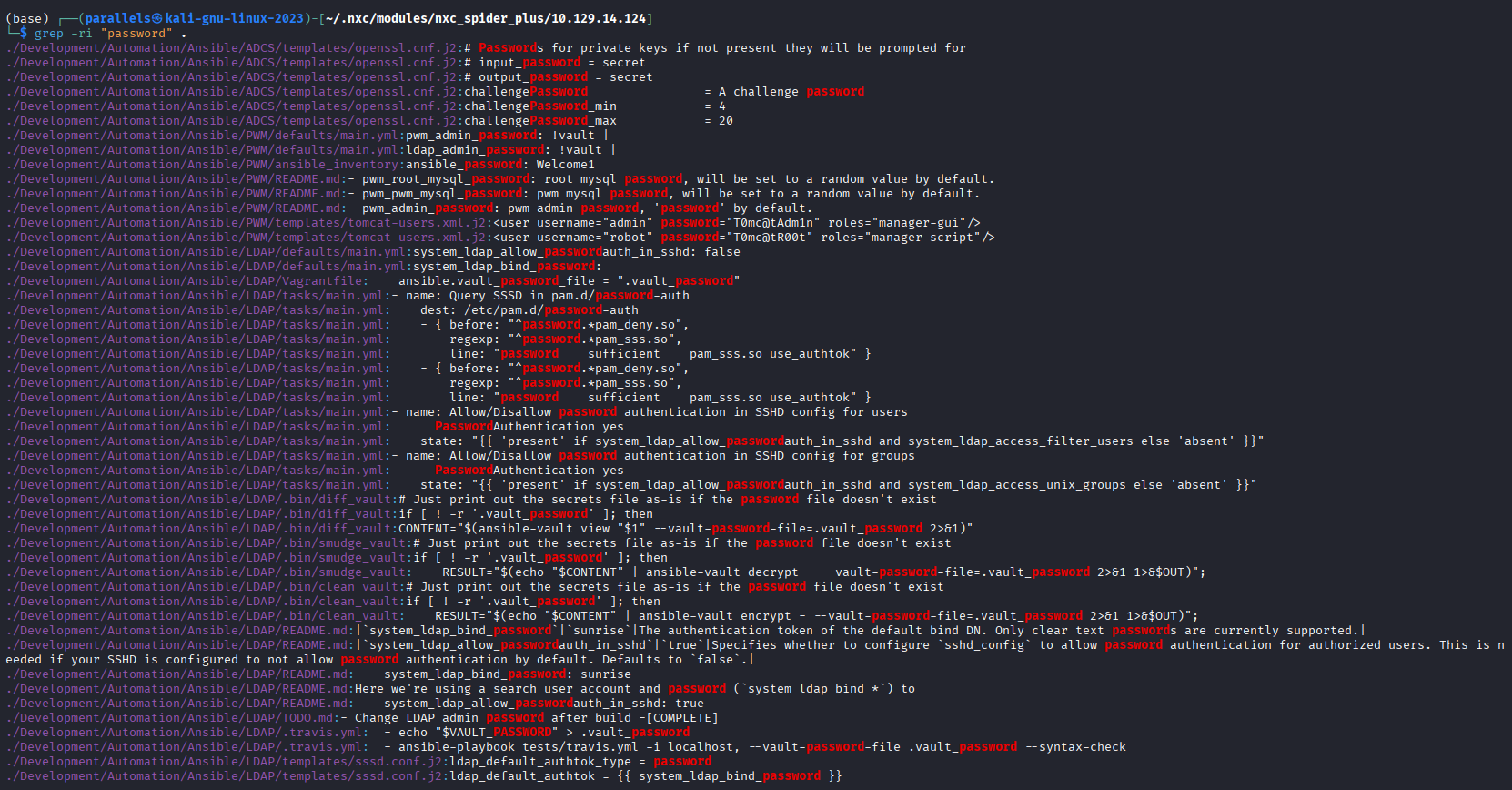 Grep results showing password references across the downloaded files