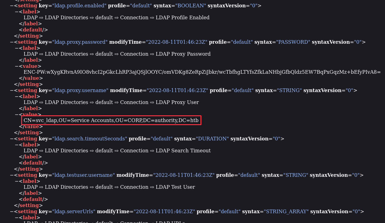 PwmConfiguration.xml showing CN=svc_ldap