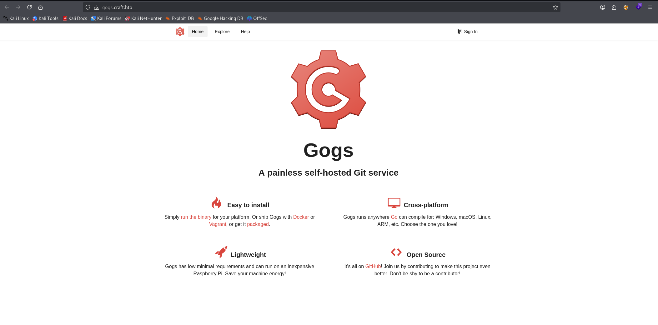gogs.craft.htb site with public repository