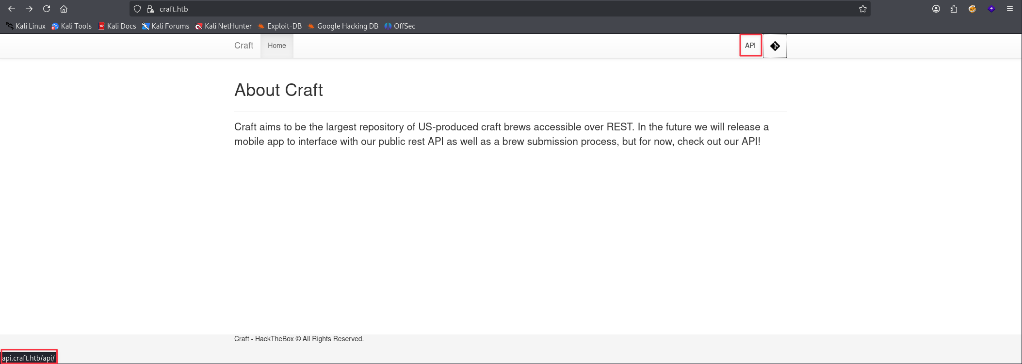 Link to api.craft.htb on the main site