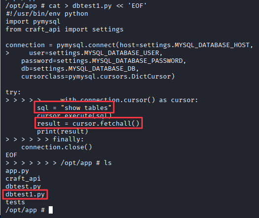 dbtest1.py code showing the show tables query