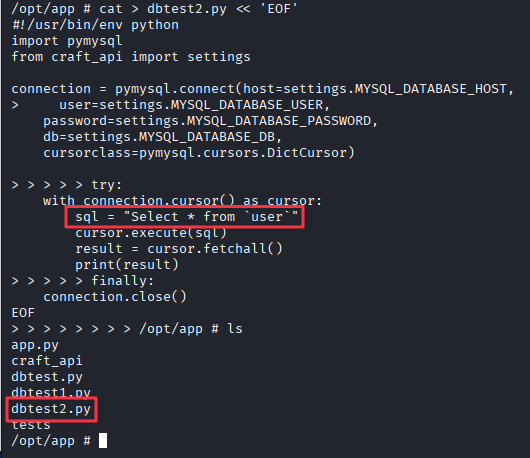 dbtest2.py code showing the select all from user query