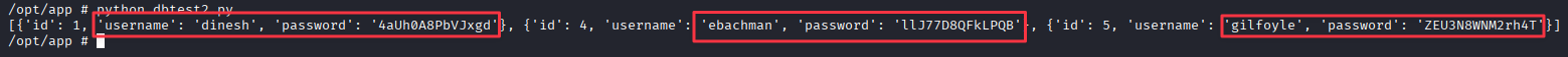 dbtest2.py output returning three user credential pairs