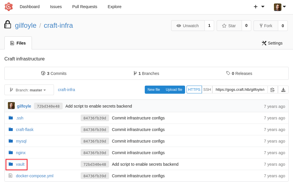 Vault folder in Gilfoyle's private Gogs repository