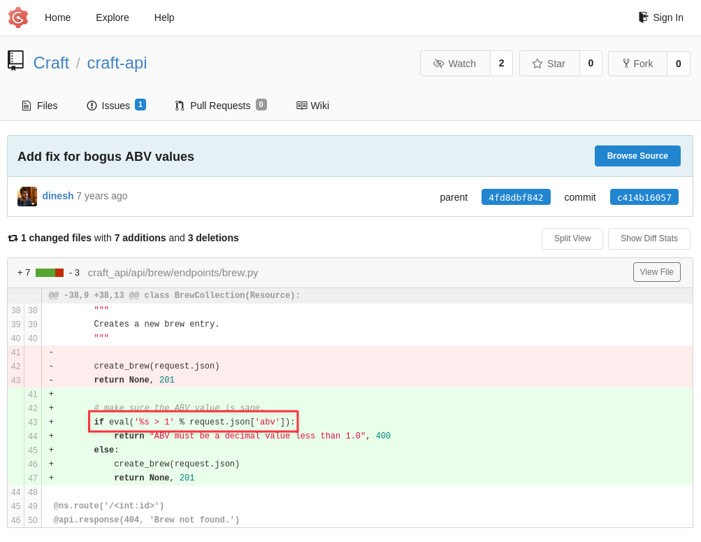 Commit showing the unsanitized eval() in the brew endpoint