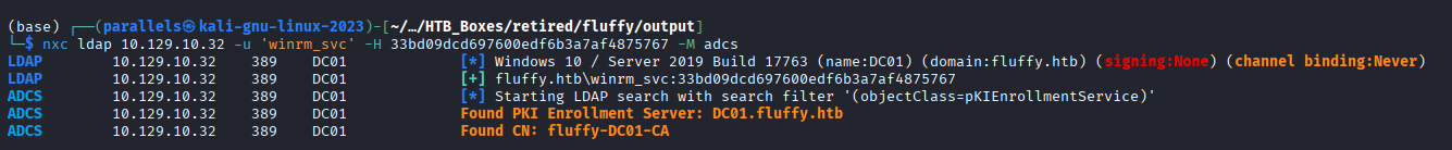 NXC ADCS module confirming Active Directory Certificate Services is present