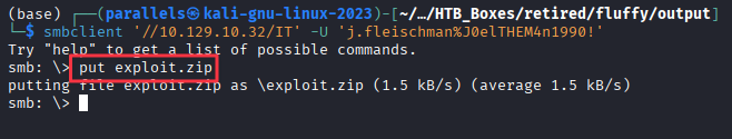 exploit.zip uploaded to IT share via smbclient