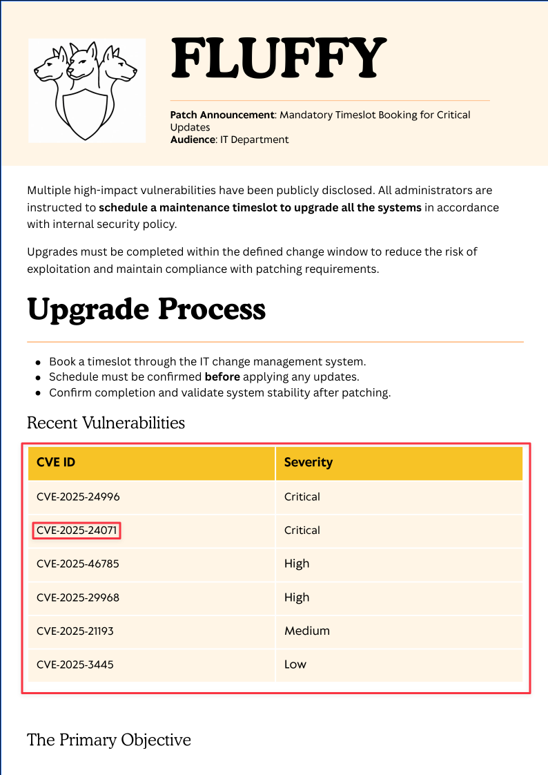 Upgrade_Notice.pdf open showing list of CVEs including CVE-2025-24071