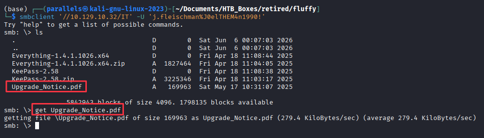 smbclient listing IT share contents and downloading Upgrade_Notice.pdf