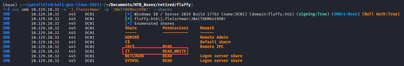 NXC SMB share enumeration showing IT share with READ,WRITE access