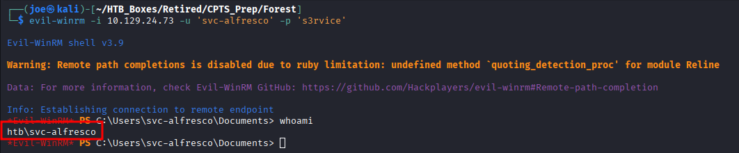Evil-WinRM session established as svc-alfresco