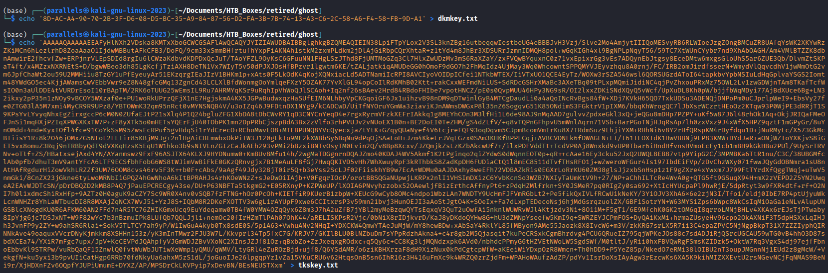 ADFSDump output showing DKM key and encrypted token signing key