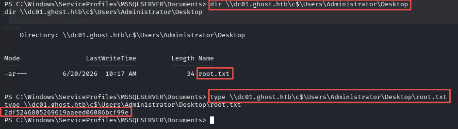 Root flag read from DC01 Administrator Desktop via the golden ticket
