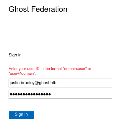 ADFS federation login page at federation.ghost.htb