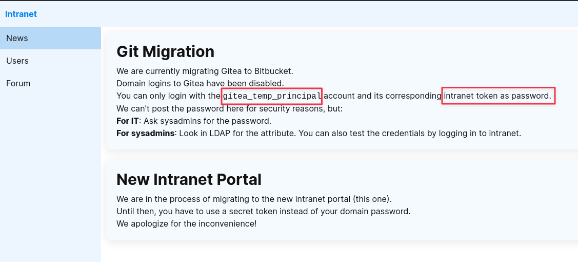 Intranet news section referencing Gitea and gitea_temp_principal