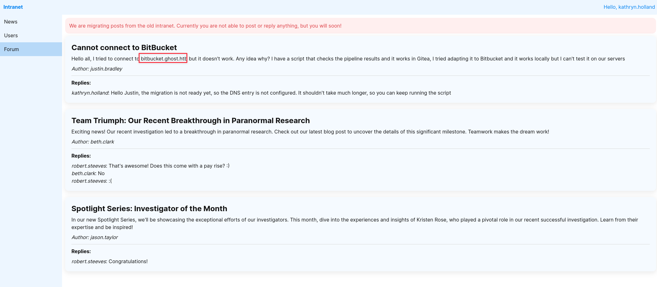 Intranet forum post about the missing bitbucket.ghost.htb DNS record