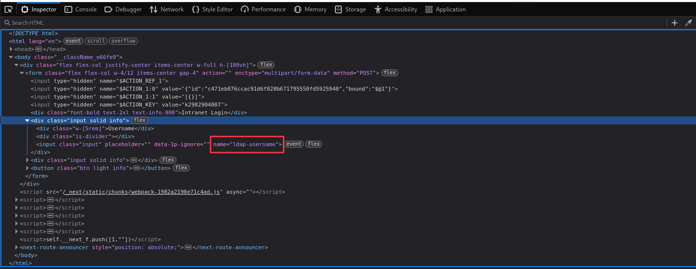 Intranet page source showing ldap-username field name